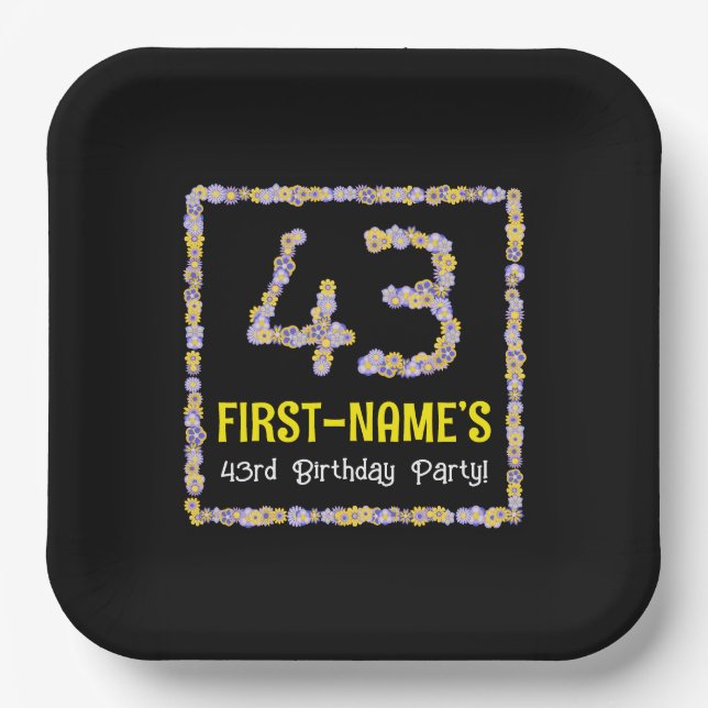 43rd Birthday: Floral Flowers Number, Custom Name Paper Plates (Front)