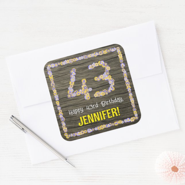 43rd Birthday: Floral Number, Faux Wood Look, Name Square Sticker (Envelope)