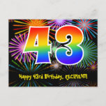 [ Thumbnail: 43rd Birthday – Fun Fireworks Pattern + Rainbow 43 Postcard ]