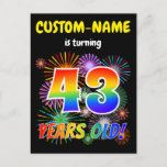 [ Thumbnail: 43rd Birthday - Fun Fireworks, Rainbow Look "43" Postcard ]