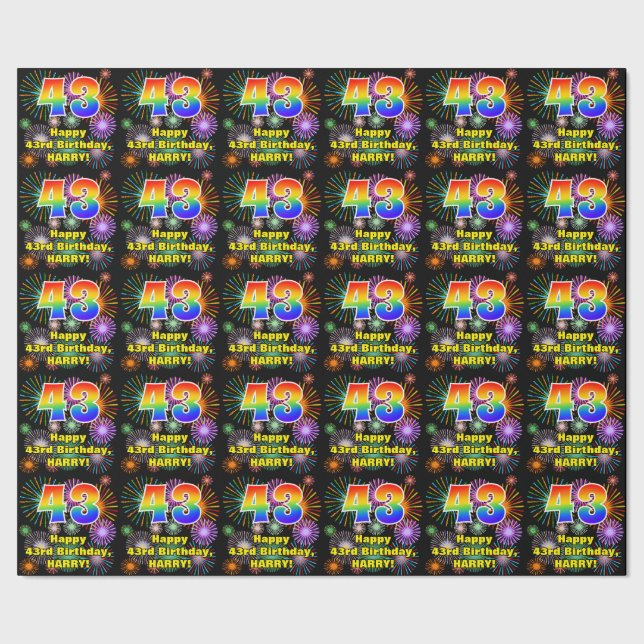 43rd Birthday: Fun Fireworks, Rainbow Look # “43” Wrapping Paper (Seam)