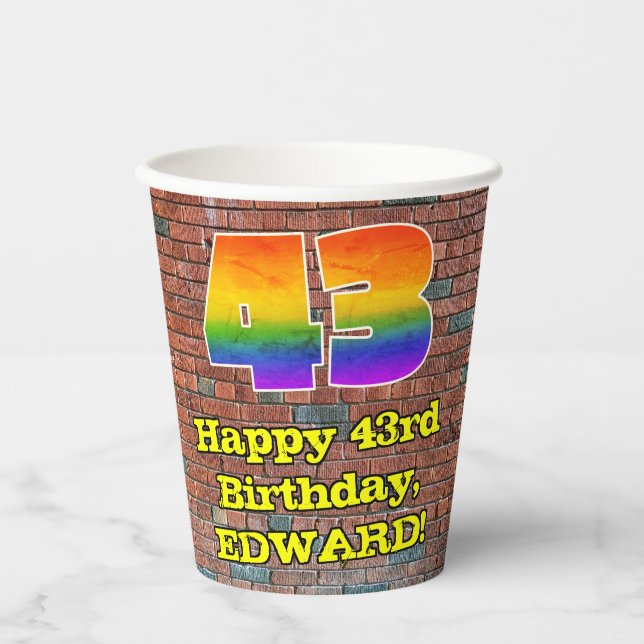 43rd Birthday: Fun Graffiti-Inspired Rainbow 43 Paper Cups (Front)