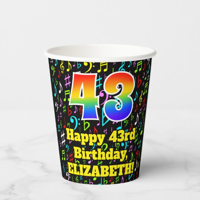 43rd Birthday: Fun Music Notes Pattern, Rainbow 43 Paper Cups (Back)