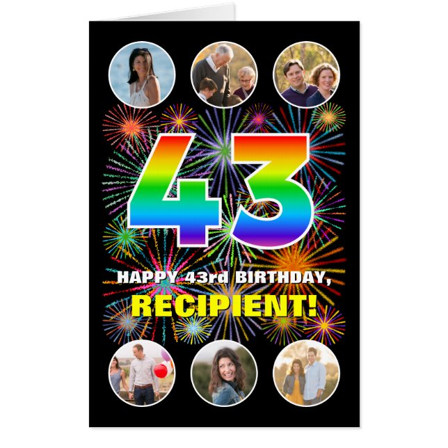 43rd Birthday: Fun Rainbow #, Custom Name + Photos Card (Front)