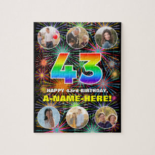 43rd Birthday: Fun Rainbow #, Custom Name + Photos Jigsaw Puzzle