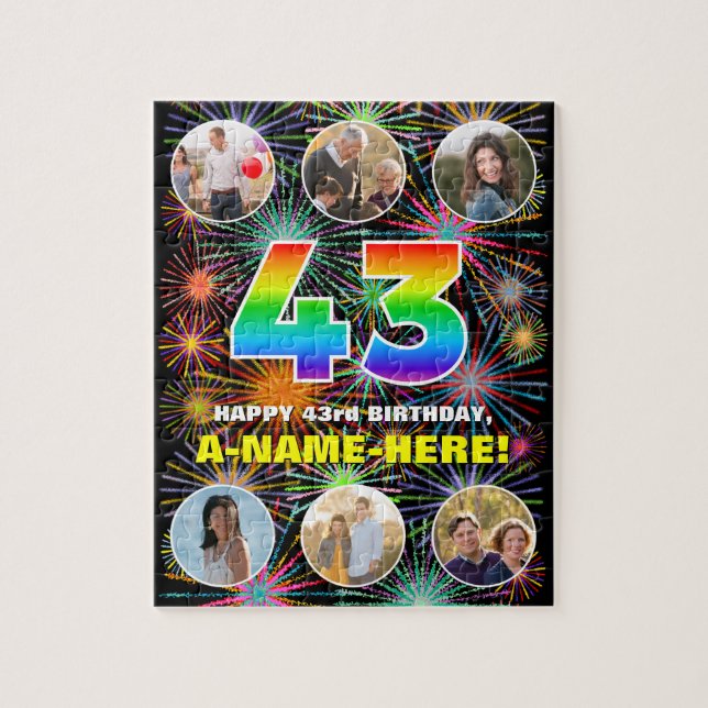 43rd Birthday: Fun Rainbow #, Custom Name + Photos Jigsaw Puzzle (Vertical)