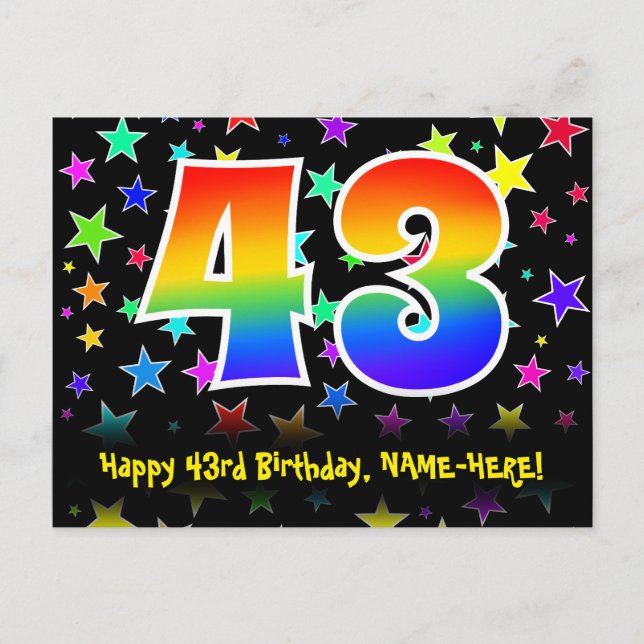 43rd Birthday: Fun Stars Pattern, Rainbow 43, Name Postcard (Front)