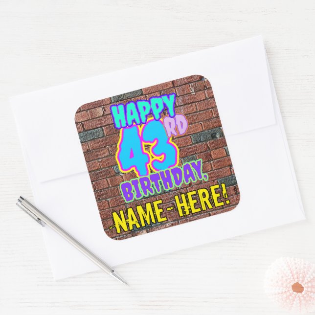 43rd Birthday – Fun, Urban Graffiti Inspired Look Square Sticker (Envelope)