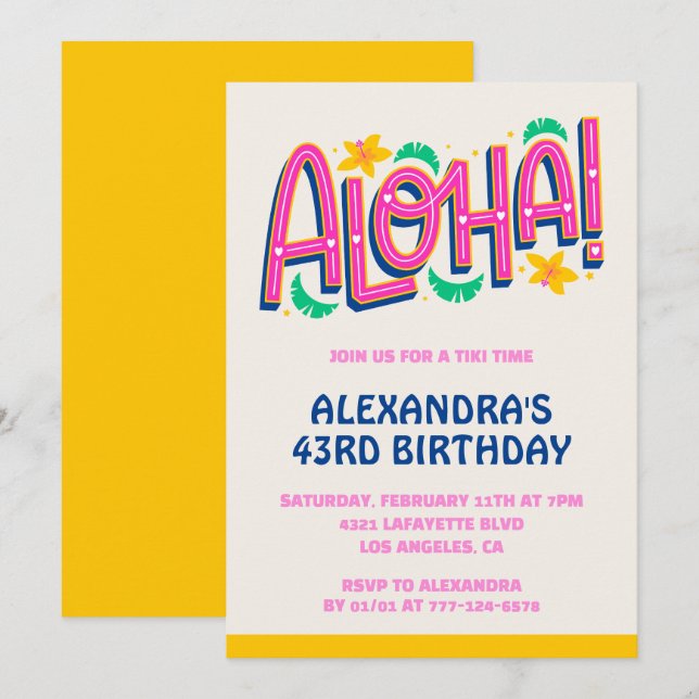 43rd birthday invitations Tropical Aloha Hawaii (Front/Back)