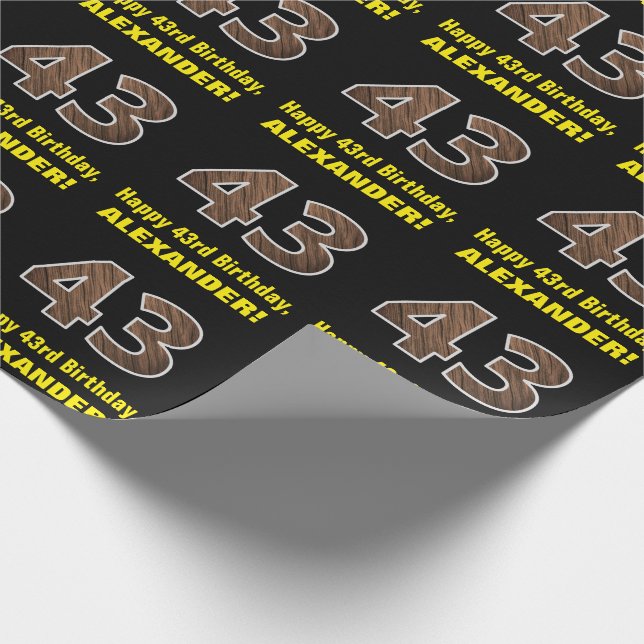 43rd Birthday: Name & Faux Wood Grain Pattern "43" Wrapping Paper (Corner)