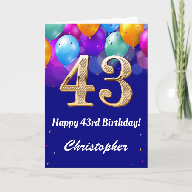 43rd Birthday Navy Blue and Gold Colorful Balloons Card (Front)