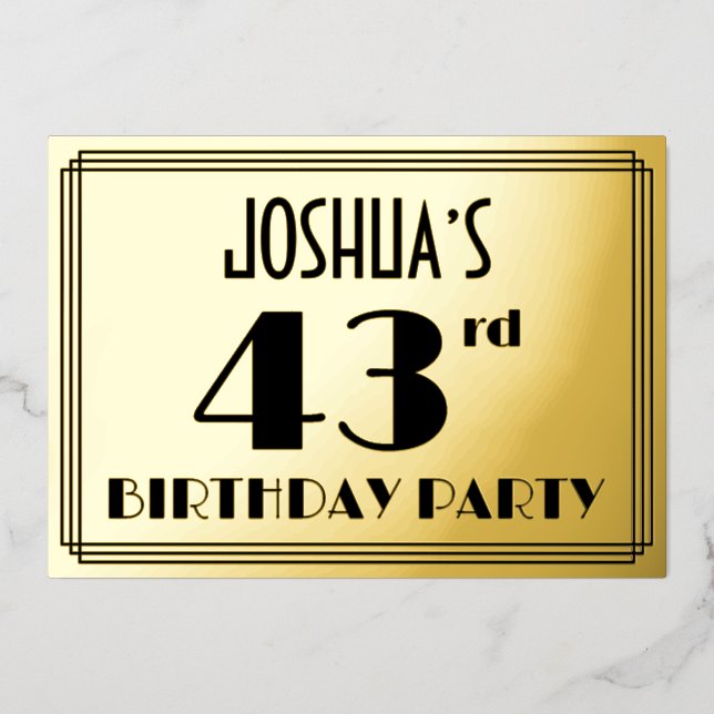 43rd Birthday Party — Art Deco Look “43” + Name Foil Invitation (Front)