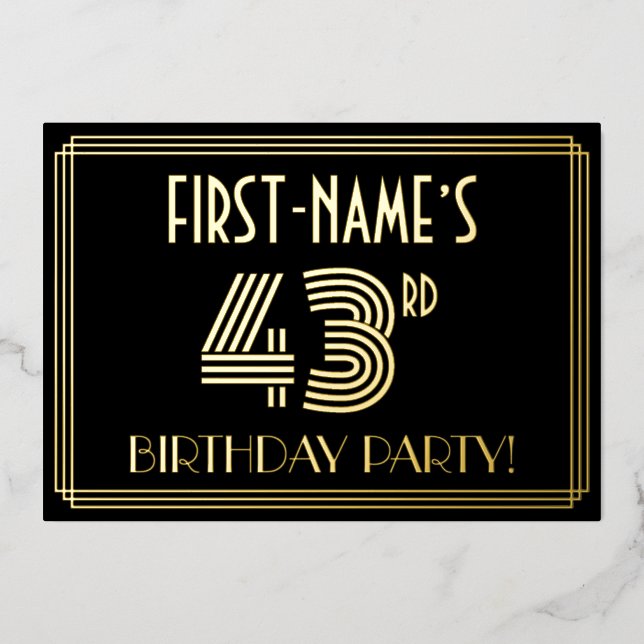 43rd Birthday Party — Art Deco Style “43” + Name Foil Invitation (Front)