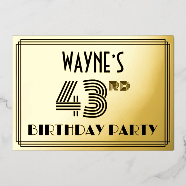 43rd Birthday Party — Art Deco Style “43” & Name Foil Invitation (Front)
