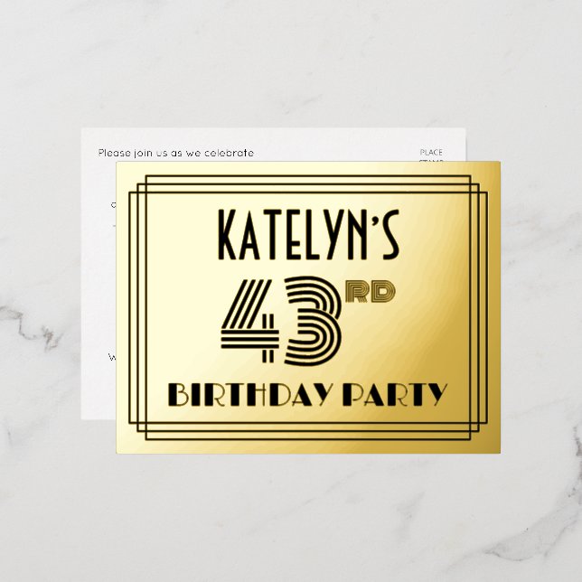 43rd Birthday Party ~ Art Deco Style “43” + Name Foil Invitation Postcard (Front/Back)