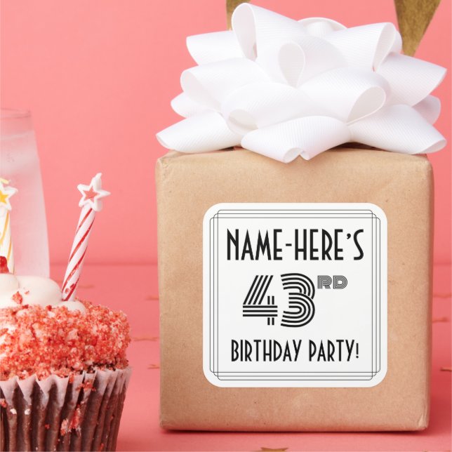 43rd Birthday Party: Art Deco Style + Custom Name Square Sticker (Party)