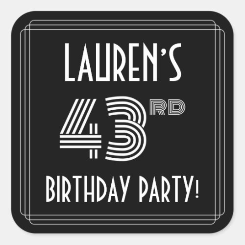 43rd Birthday Party Art Deco Style  Custom Name Square Sticker