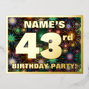 43rd Birthday Party: Bold, Colorful Fireworks Look Foil Invitation Postcard