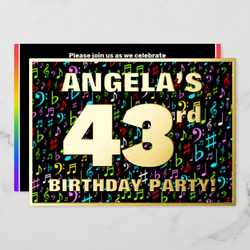 43rd Birthday Party  Fun Colorful Music Symbols Foil Invitation