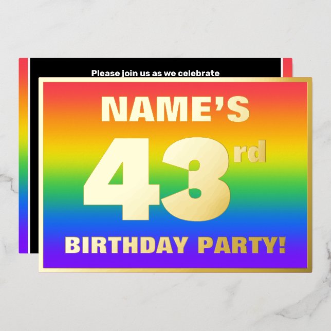 43rd Birthday Party: Fun, Colorful Rainbow Pattern Foil Invitation (Front/Back)