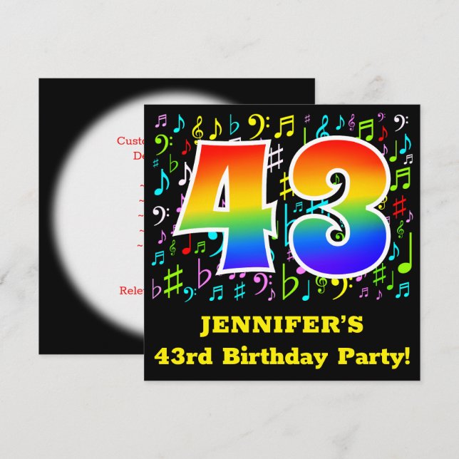 43rd Birthday Party: Fun Music Symbols, Rainbow 43 Invitation (Front/Back)