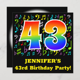 43rd Birthday Party: Fun Music Symbols, Rainbow 43 Invitation
