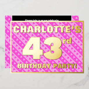 43rd Birthday Party — Fun Pink Hearts and Stripes Foil Invitation
