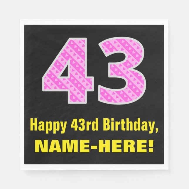 43rd Birthday: Pink Stripes and Hearts "43" + Name Napkins (Front)