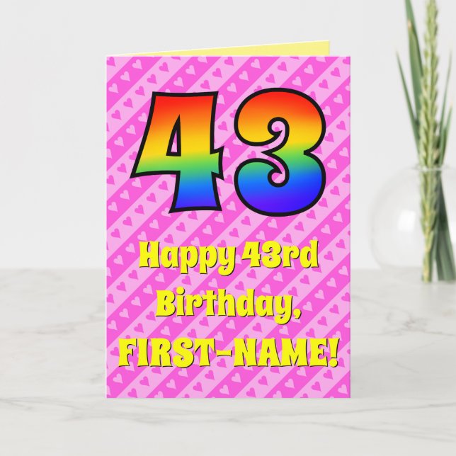 43rd Birthday: Pink Stripes & Hearts, Rainbow # 43 Card (Front)