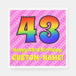 [ Thumbnail: 43rd Birthday: Pink Stripes & Hearts, Rainbow # 43 Napkins ]