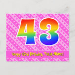 [ Thumbnail: 43rd Birthday: Pink Stripes & Hearts, Rainbow 43 Postcard ]