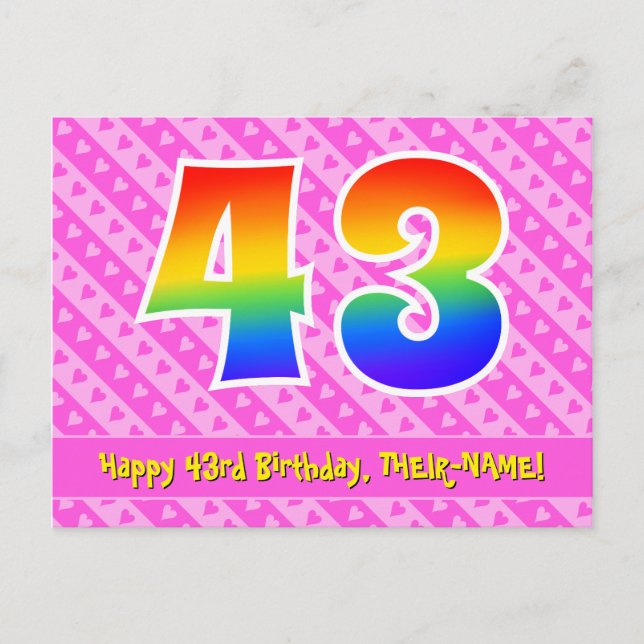 43rd Birthday: Pink Stripes & Hearts, Rainbow 43 Postcard (Front)