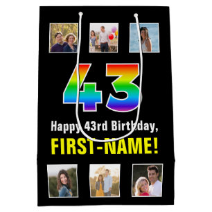 43rd Birthday: Rainbow “43“, Custom Photos & Name Medium Gift Bag