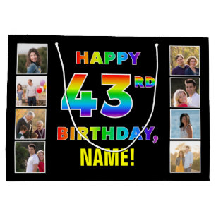 43rd Birthday: Rainbow Text, Custom Photos & Name Large Gift Bag