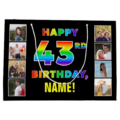 43rd Birthday Rainbow Text Custom Photos  Name Large Gift Bag