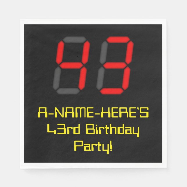 43rd Birthday: Red Digital Clock Style "43" + Name Napkins (Front)