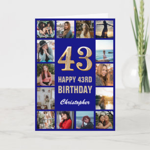 43rd Happy Birthday Navy Blue & Gold Photo Collage Card