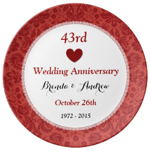 43 Year Wedding Anniversary Gifts Zazzle 43rd Wedding Anniversary Ruby Red Damask A43a Dinner Plate