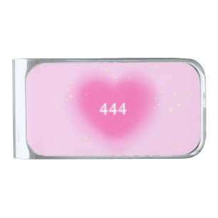 444 Modern Pink Heart Aesthetic Angel Number Silver Finish Money Clip