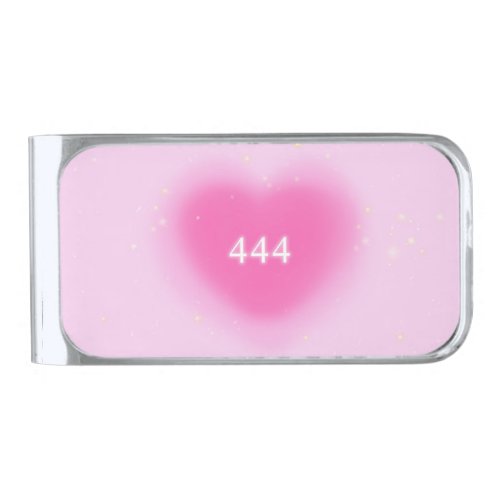 444 Modern Pink Heart Aesthetic Angel Number   Silver Finish Money Clip