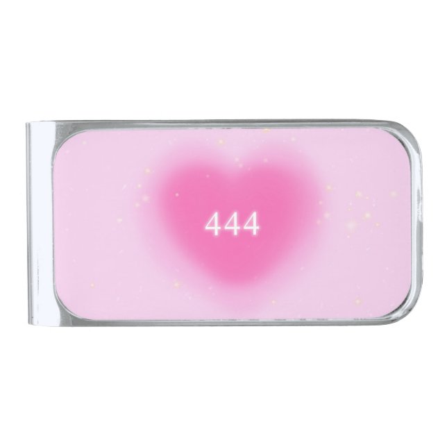444 Modern Pink Heart Aesthetic Angel Number   Silver Finish Money Clip (Front)