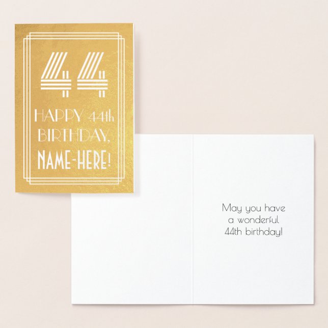 44th Birthday – Art Deco Inspired Look "44" + Name Foil Card (Display)