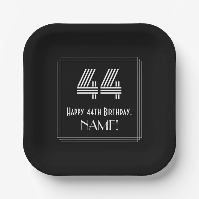 44th Birthday — Art Deco Inspired Look “44” + Name Paper Plates (Front)