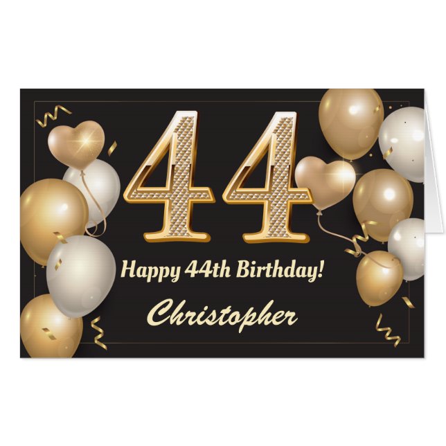 44th Birthday Black and Gold Balloons Extra Large Card (Front Horizontal)