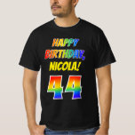 [ Thumbnail: 44th Birthday — Bold, Fun, Rainbow 44, Custom Name T-Shirt ]