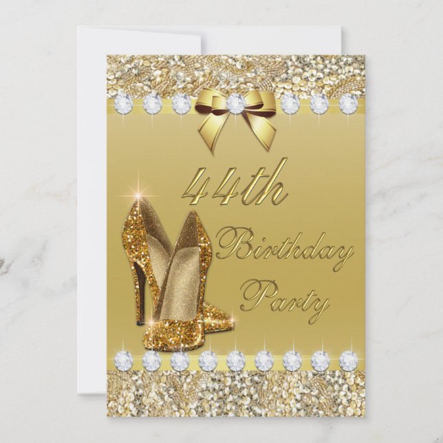 44th Birthday Classy Gold Heels Sequins Diamonds Invitation (Front)