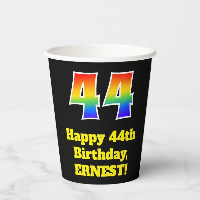 44th Birthday: Colorful, Fun, Exciting, Rainbow 44 Paper Cups (Back)