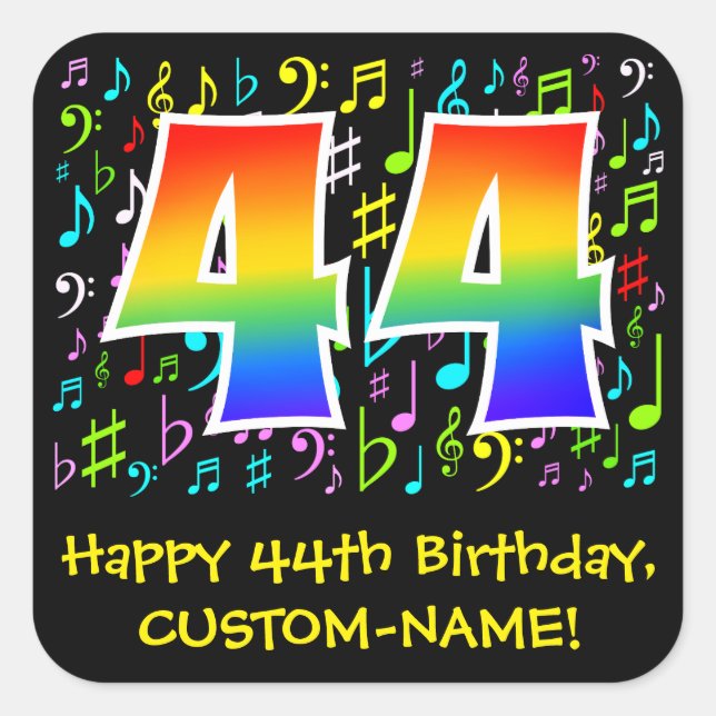 44th Birthday: Colorful Music Symbols, Rainbow 44 Square Sticker (Front)