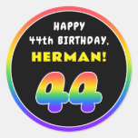 [ Thumbnail: 44th Birthday: Colorful Rainbow # 44, Custom Name Round Sticker ]
