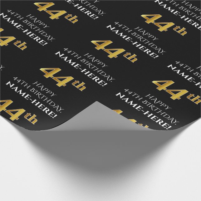 44th Birthday: Elegant, Black, Faux Gold Look Wrapping Paper (Corner)